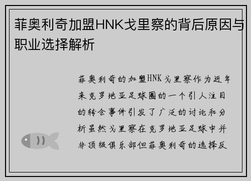 菲奥利奇加盟HNK戈里察的背后原因与职业选择解析